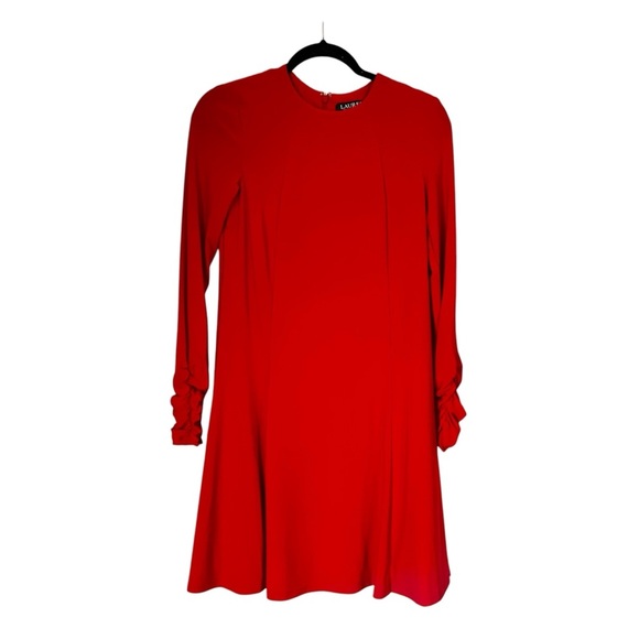 Lauren Ralph Lauren Red Long Sleeve Ruched Sleeve Stretch Fit and Flare Dress - Picture 1 of 8
